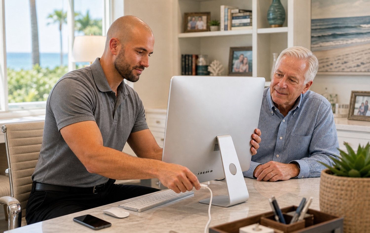 Gregory Morgan setting up a client's desktop computer in a home office